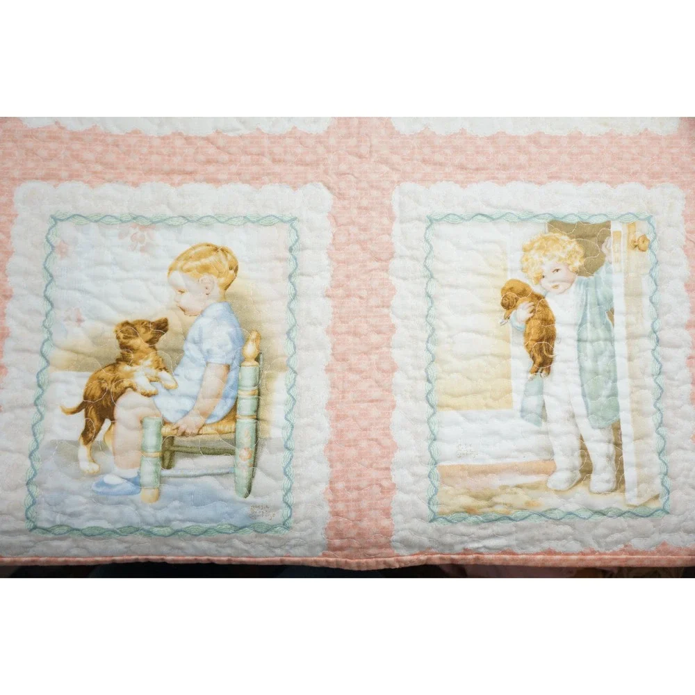 Bessie Pease Handmade Baby Quilt 43x35 Peach Pink Puppy Dog Floral Excellent
